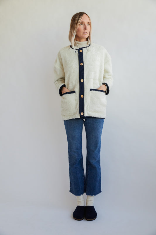 Unisex Reversible Wool Fleece Jacket - Natural/Navy